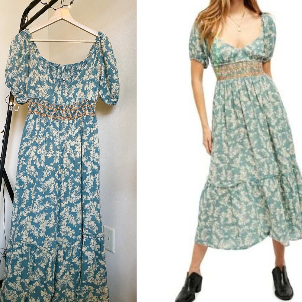 (US 4/S) NEW Ellie Floral-print Gauze Midi Dress In Soft Seafoam, unworn w/ tags